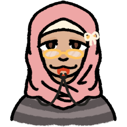 a light brown skinned person with brown eyes. the person is wearing a pink hijab with a white underscarf and a white bow clipped to one side. they are also wearing a grey striped shirt, and are chewing a red chewlry necklace